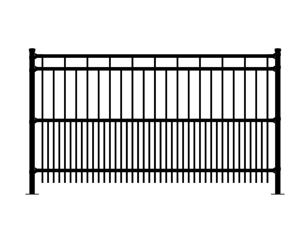 Black ornamental metal fence with vertical pickets and horizontal rails
