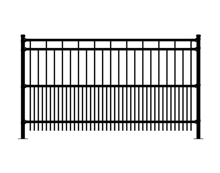 Black ornamental metal fence with vertical pickets and horizontal rails