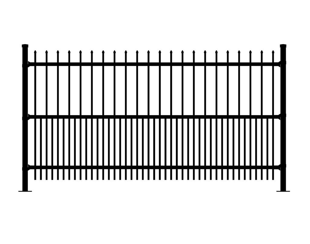 Black metal ARISTOCRAT fence with pointed finials and horizontal bars.