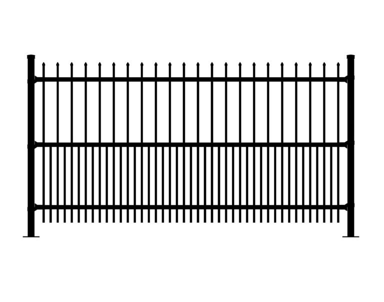 Black metal ARISTOCRAT fence with pointed finials and horizontal bars.