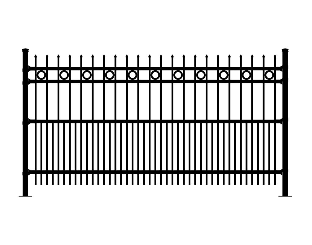 Black Aristocrat-DR-REO ornamental fence with pointed finials and circular accents.