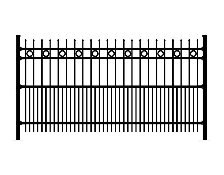 Black Aristocrat-DR-REO ornamental fence with pointed finials and circular accents.