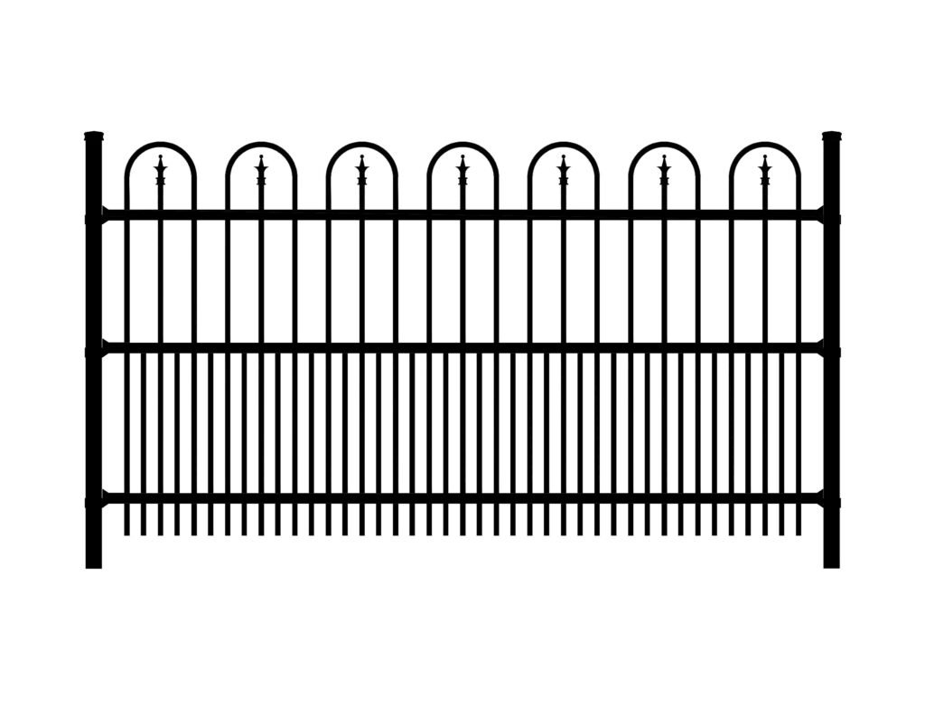 Black metal fence with arched pickets, similar to Cambridge style.