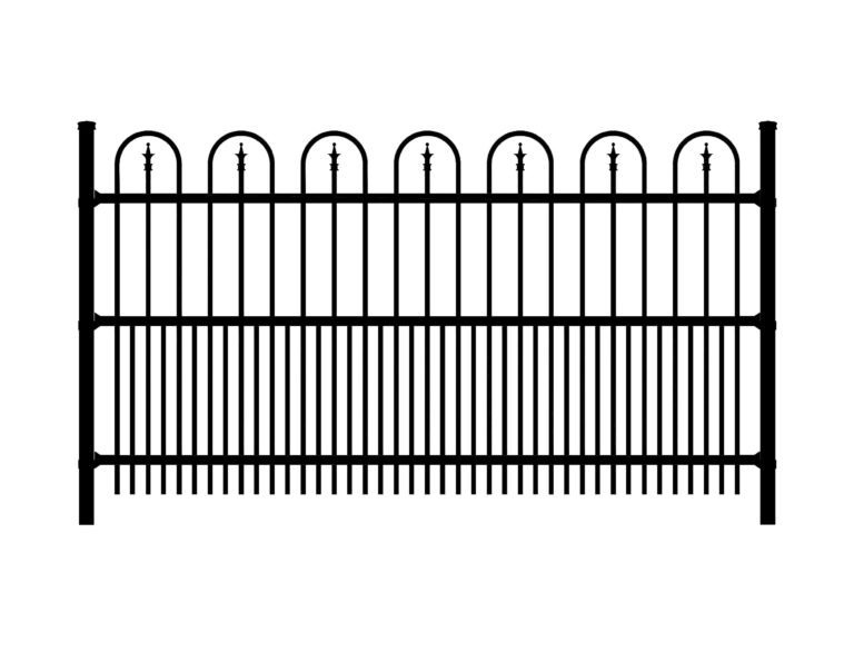 Black metal fence with arched pickets, similar to Cambridge style.
