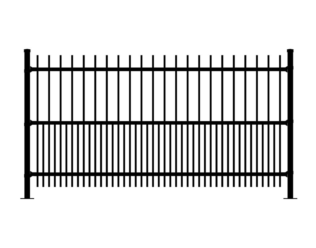 Black metal fence with vertical pickets and horizontal rails, part of Cavalier fencing.