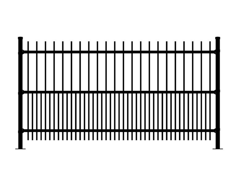 Black metal fence with vertical pickets and horizontal rails, part of Cavalier fencing.