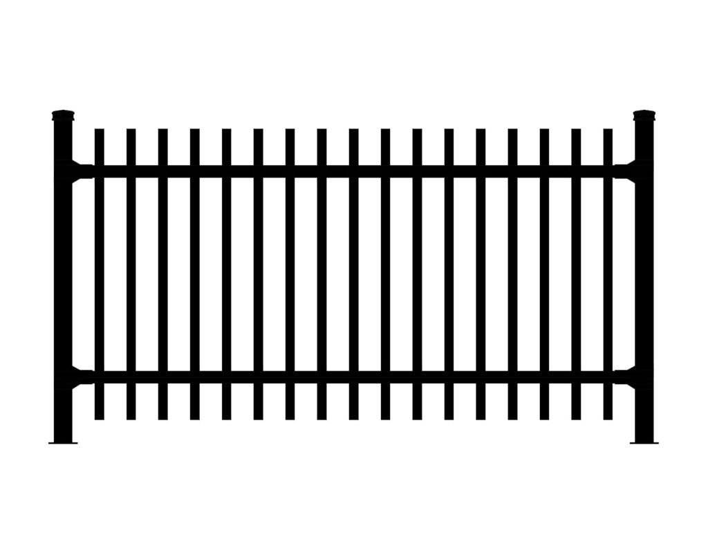Black Cavalier metal fence with vertical pickets and posts