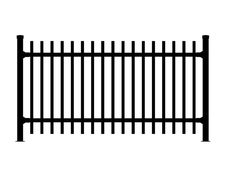 Black Cavalier metal fence with vertical pickets and posts