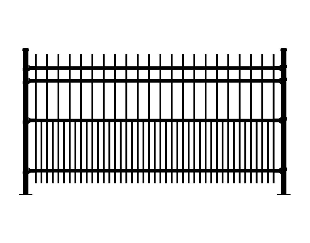 Black metal fence with vertical pickets and horizontal rails, similar to CAVALIER-DR style.