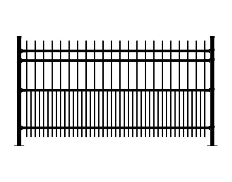 Black metal fence with vertical pickets and horizontal rails, similar to CAVALIER-DR style.