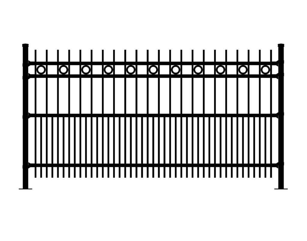 Black metal fence with vertical pickets and decorative circles