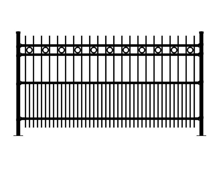 Black metal fence with vertical pickets and decorative circles