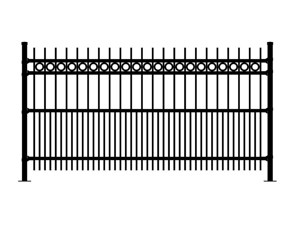 Black metal fence with vertical pickets and decorative circles