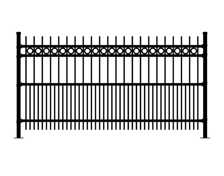 Black metal fence with vertical pickets and decorative circles
