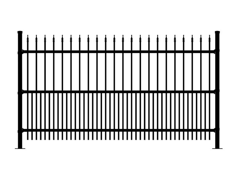 Black metal fence with pointed finials, similar to CAVALIER-SF fencing
