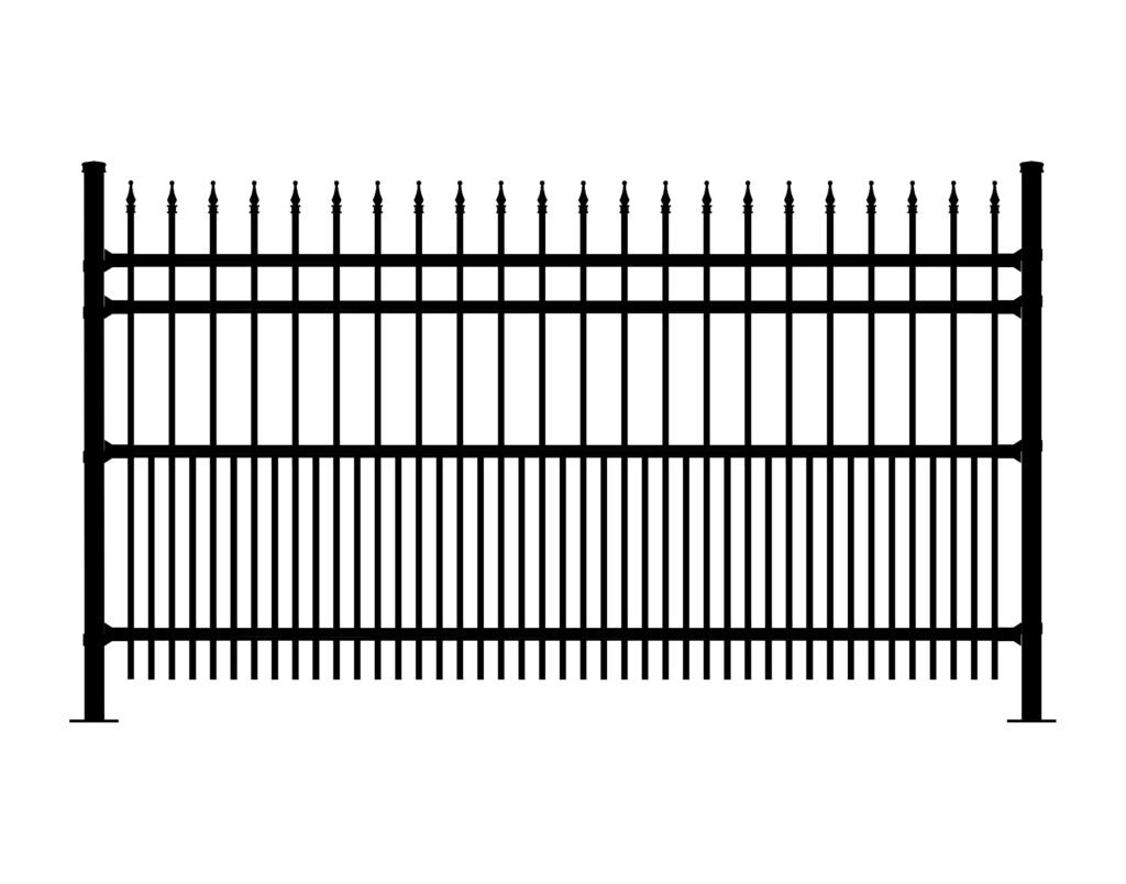 Black metal fence with pointed finials, part of CAVALIER-DR-SF