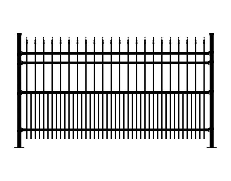 Black metal fence with pointed finials, part of CAVALIER-DR-SF