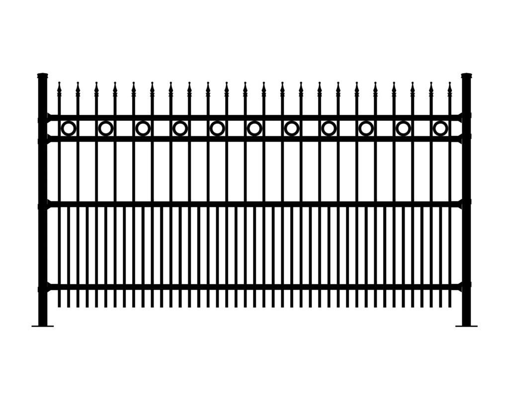 Black metal fence with decorative circles and finials, similar to Cavalier-DR-SF-REO style.