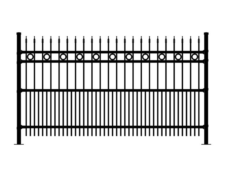 Black metal fence with decorative circles and finials, similar to Cavalier-DR-SF-REO style.