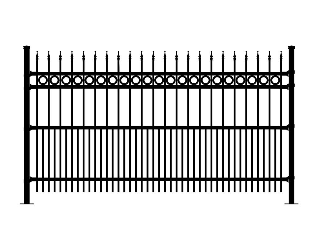 Black wrought iron fence with pointed finials and decorative circles