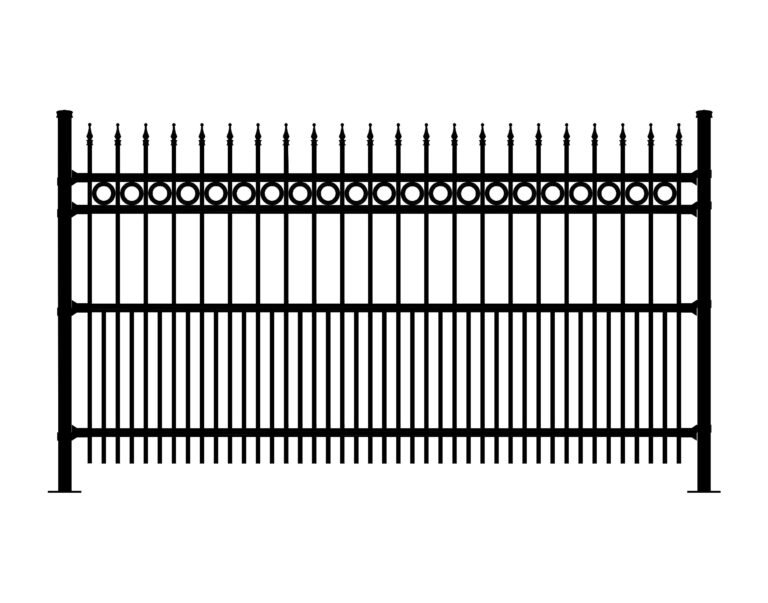 Black wrought iron fence with pointed finials and decorative circles