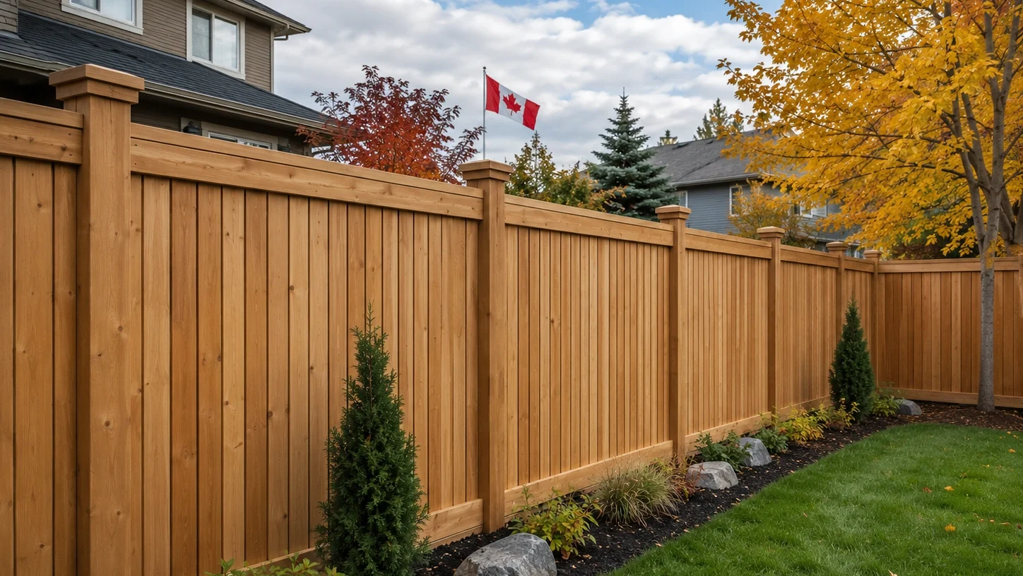 Wooden fence in a Canadian backyard, comparing wood vs vinyl fence options.