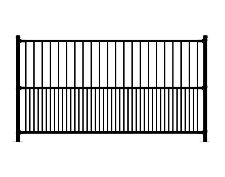 Black metal Imperial fence panel with vertical pickets