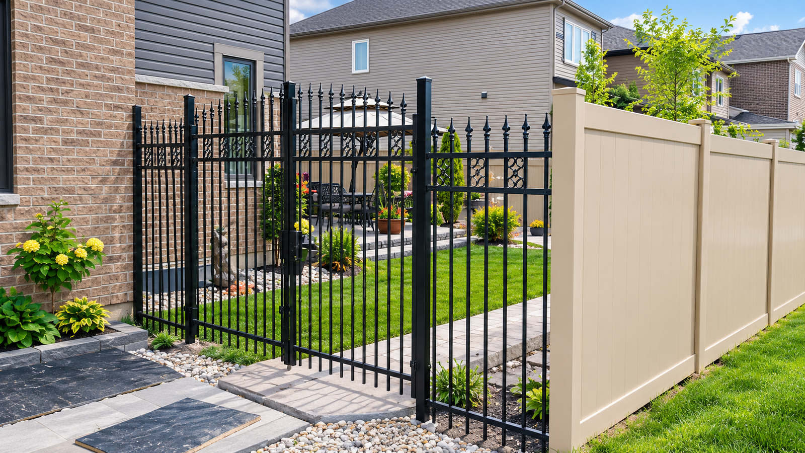 Ornate Gate Overlooking a Garden Patio