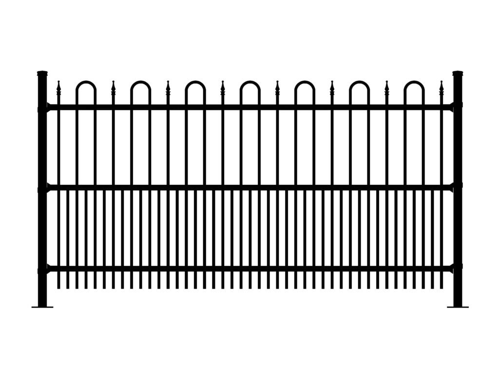 Black metal Regal fence with ornate top and vertical pickets