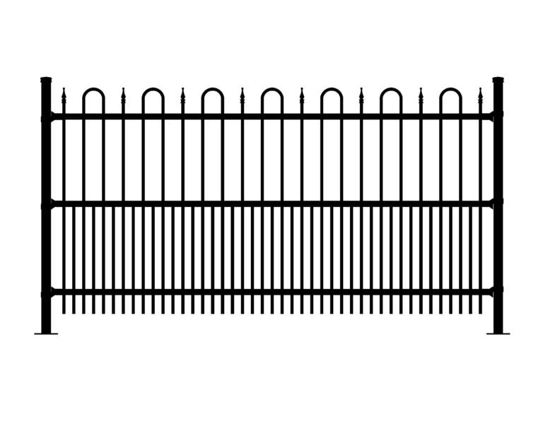Black metal Regal fence with ornate top and vertical pickets