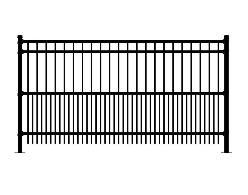 Black metal fence with vertical bars, Stanton design