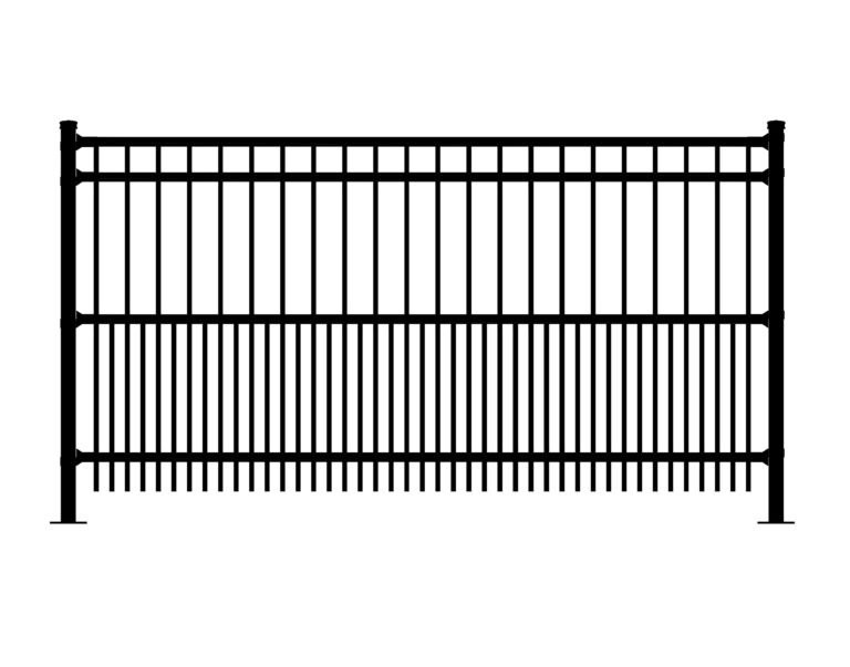 Black metal fence with vertical bars, Stanton design