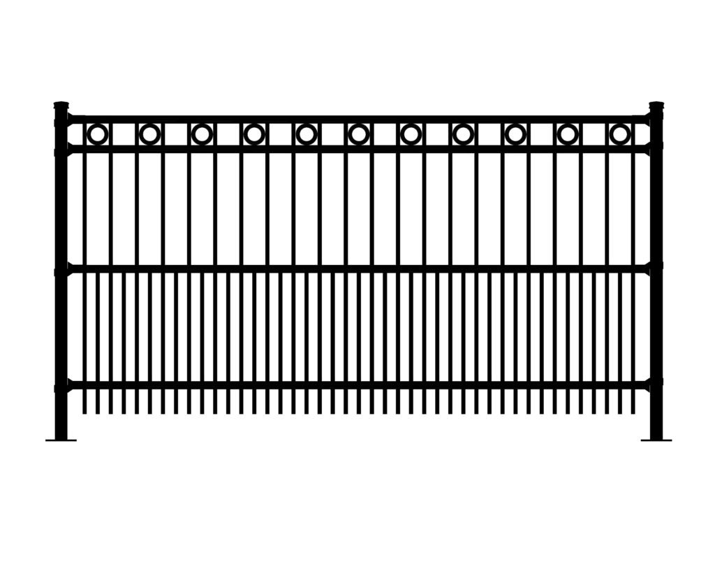 Black metal fence with vertical bars and circular accents