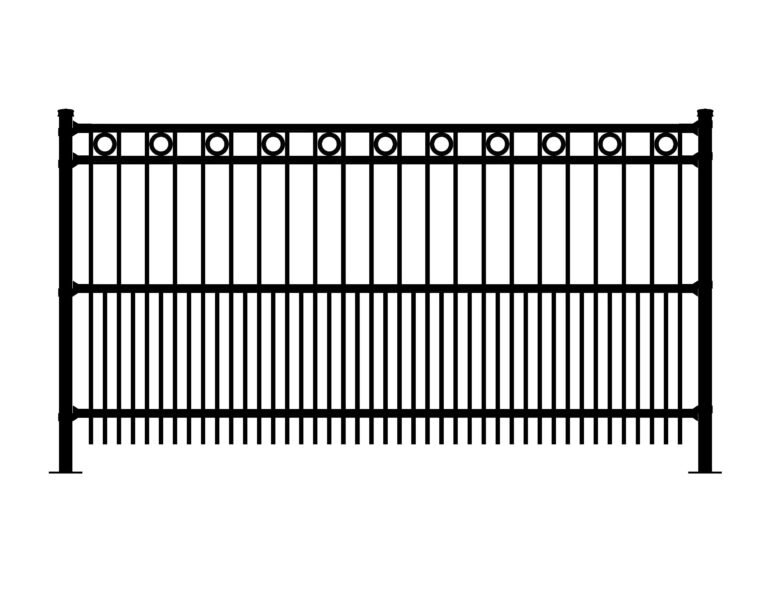 Black metal fence with vertical bars and circular accents
