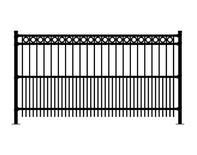 STANTON-REP black metal fence with decorative circles and vertical bars