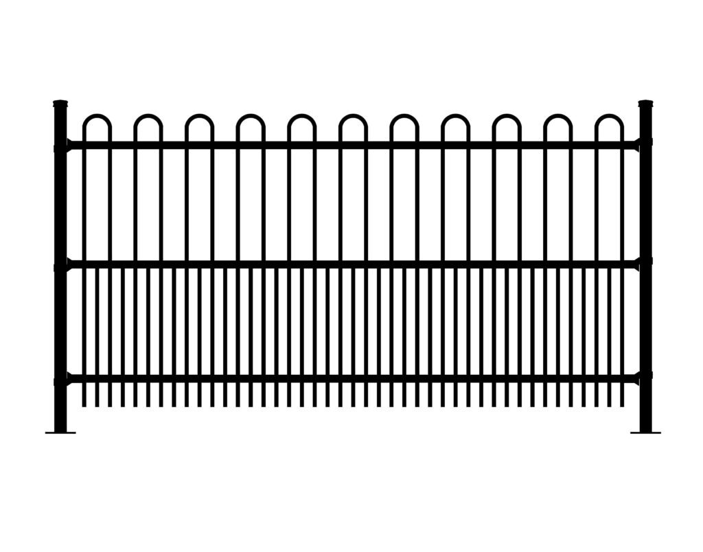 Black metal fence with vertical pickets and arched top