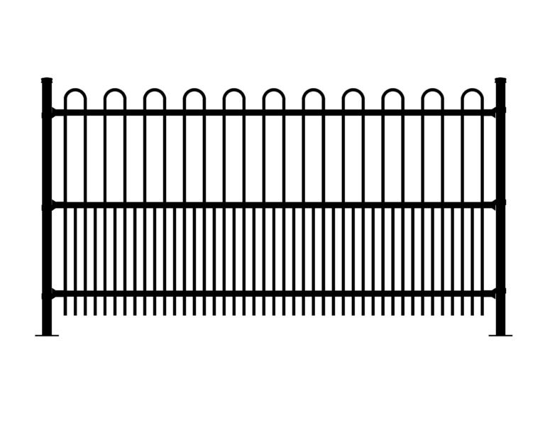 Black metal fence with vertical pickets and arched top