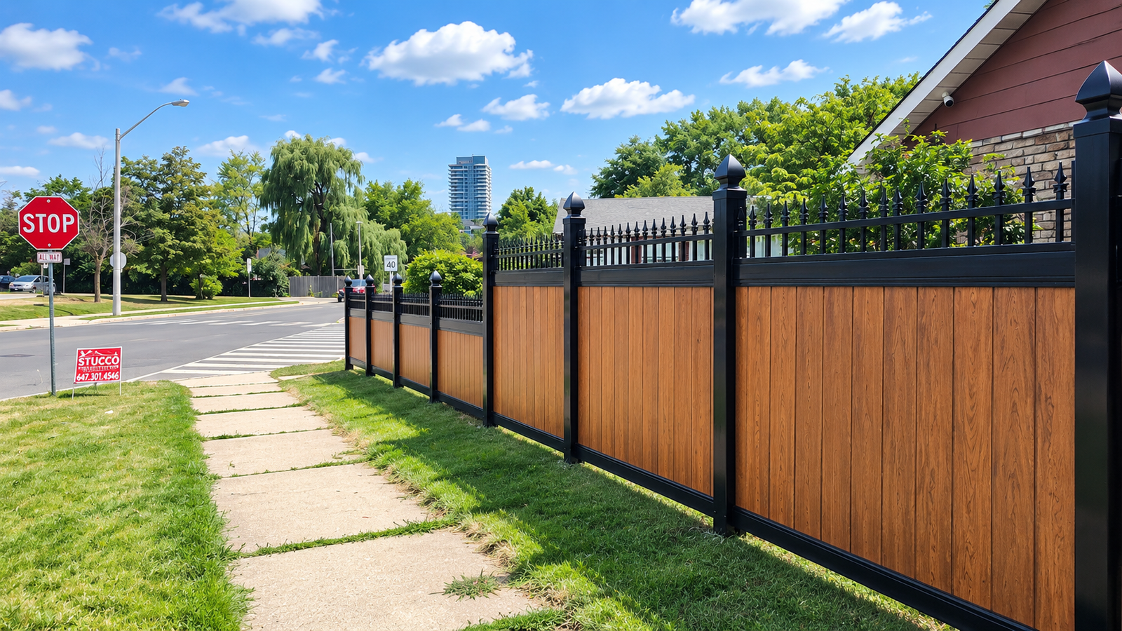 Sunny Suburban Corner with Ornate Fence
