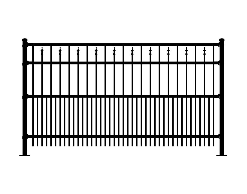Black WINDSOR-A ornamental metal fence with vertical pickets and decorative finials.