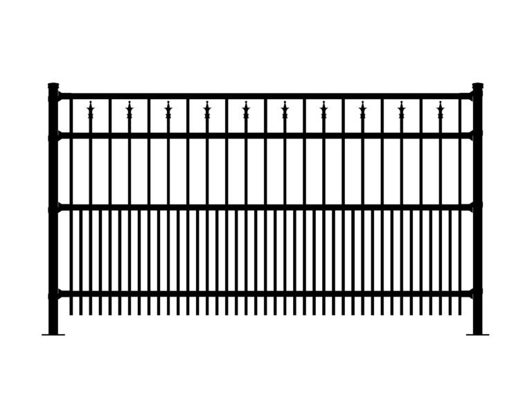 Black WINDSOR-A ornamental metal fence with vertical pickets and decorative finials.