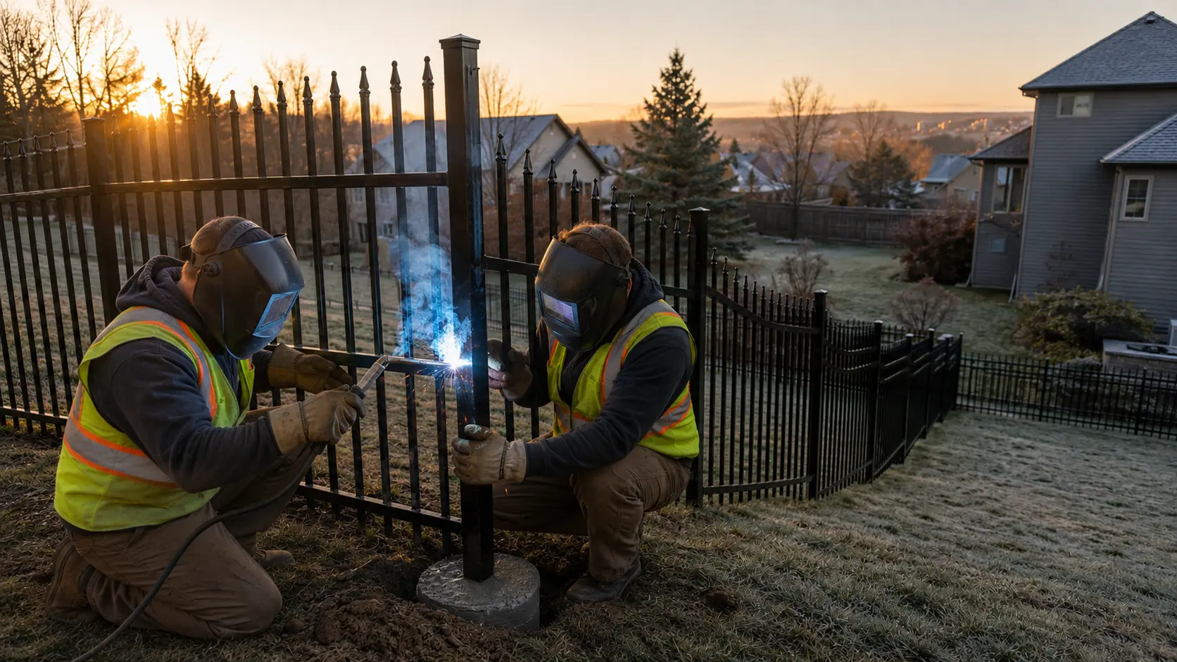 Professional fence contractors welding a black aluminum ornamental fence during installation on a sloped residential backyard in Canada, with frost-covered grass and golden morning sunlight.