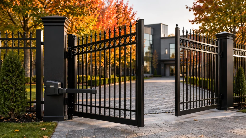 Automated black ornamental aluminum swing gate opening at the entrance of a modern Canadian commercial property with stone driveway, matching fence, autumn maple trees, and gate operator arms in soft morning light.