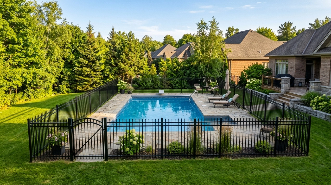 High-angle view of a luxurious backyard featuring a rectangular inground swimming pool with blue water, surrounded by a large interlocking stone patio with lounge chairs. The area is secured by a decorative black metal fence and gate, with a dense green forest and upscale brick houses under a blue sky in the background.