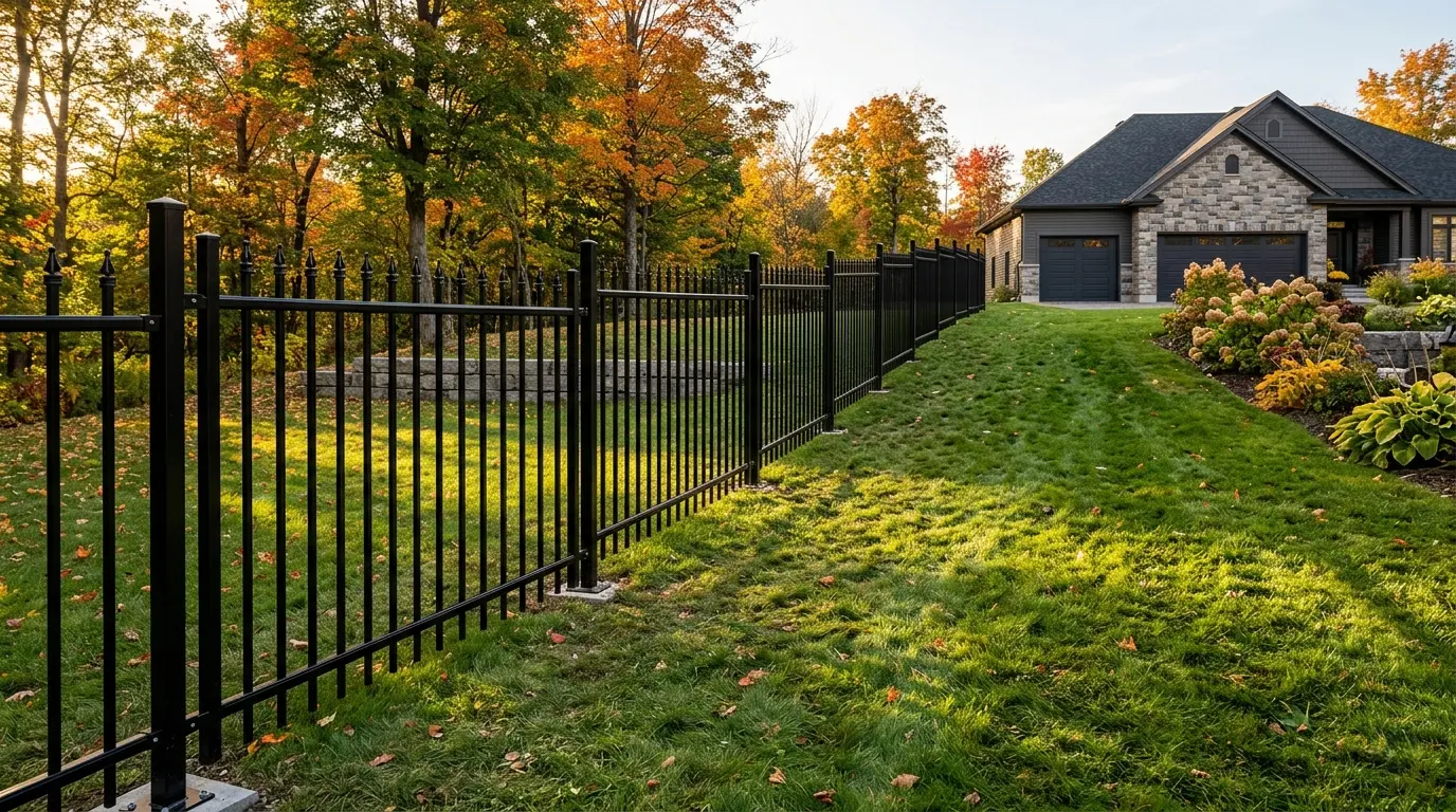 A residential backyard in autumn, featuring a long, black metal ornamental fence running alongside a grassy slope. The lawn is green with scattered fallen autumn leaves. In the background, a modern stone and siding house with garage doors is nestled among a forest of trees with vibrant yellow and orange fall foliage under a golden light.
