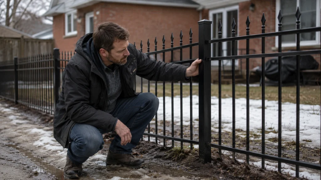 Canadian homeowner inspecting a black aluminum ornamental fence post in a spring backyard with melting snow and a brick house in the background.