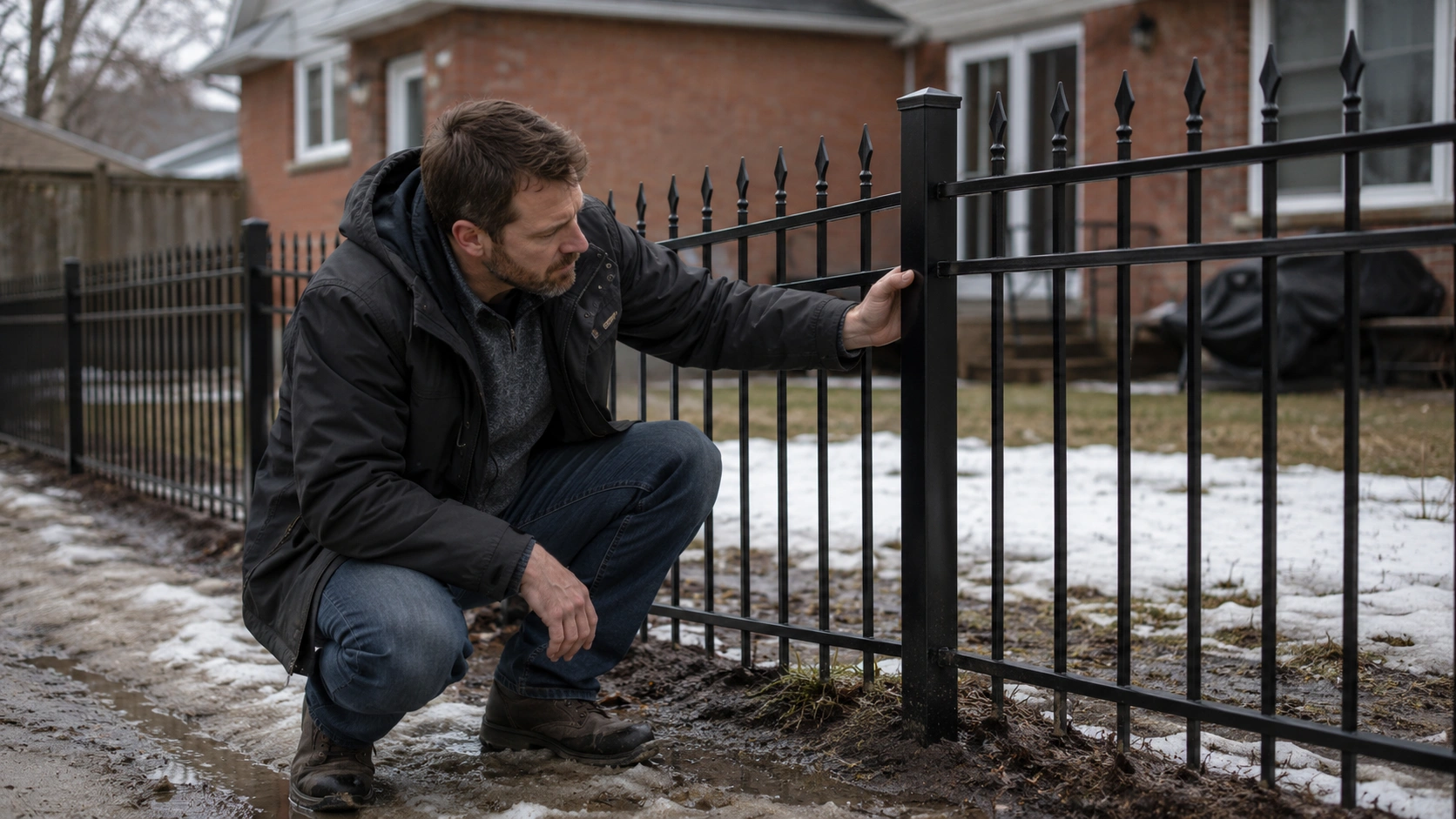Canadian homeowner inspecting a black aluminum ornamental fence post in a spring backyard with melting snow and a brick house in the background.