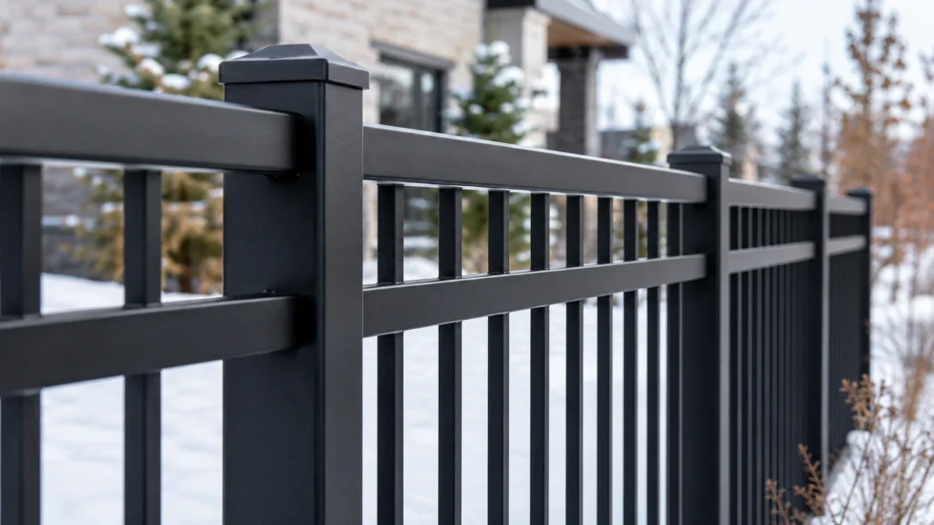 Black powder-coated aluminum fence during a Canadian winter, demonstrating durability and weather resistance against snow, moisture, and freeze-thaw cycles.