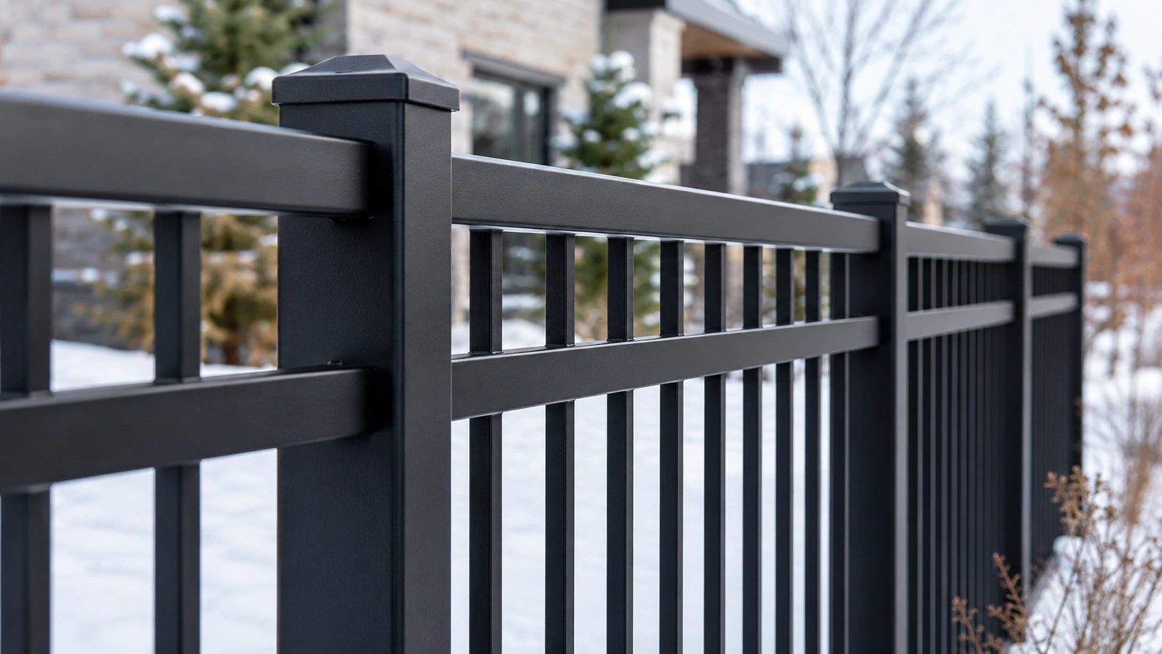 Black powder-coated aluminum fence during a Canadian winter, demonstrating durability and weather resistance against snow, moisture, and freeze-thaw cycles.