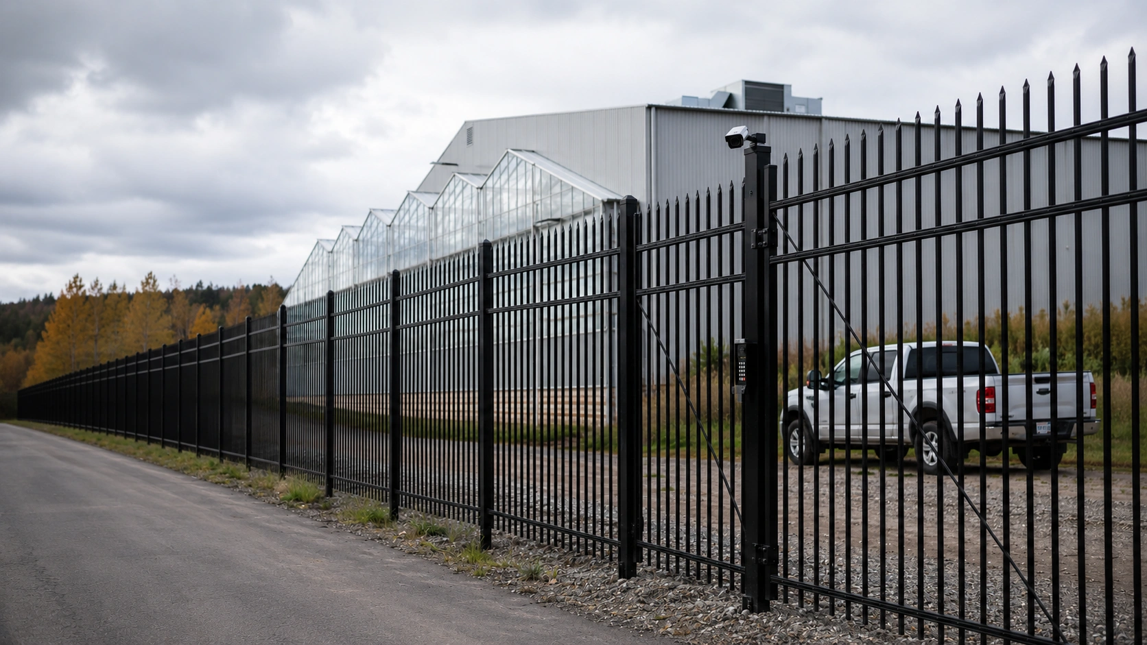 Black metal fence with security camera guards a commercial greenhouse and truck.