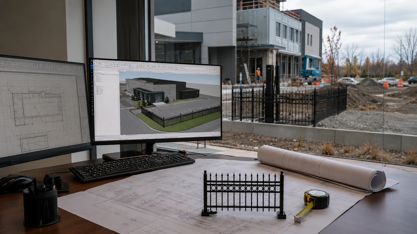 Architectural rendering of a modern building on a computer screen next to blueprints and construction site.